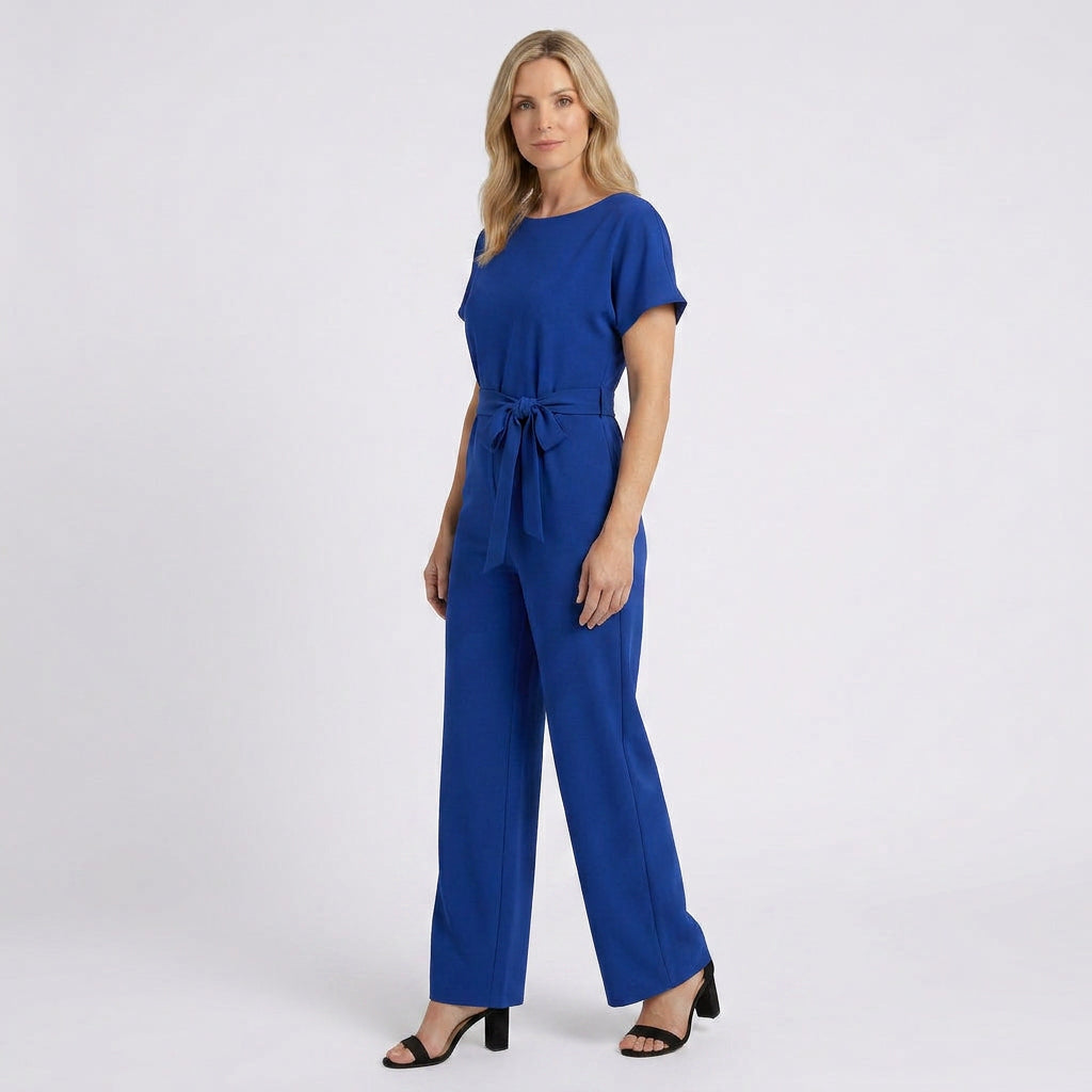Women Wide Leg Jumpsuit Tie Waist Short Sleeve - Smart Casual One Piece