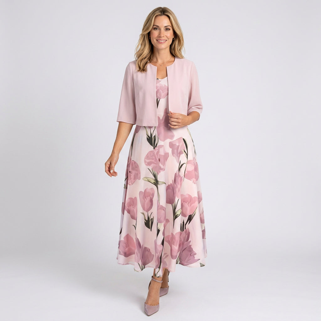 Women’s Floral Midi Dress and Cropped Jacket Set