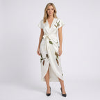 Women Floral Wrap Midi Dress - Short Sleeve Wrap Dress