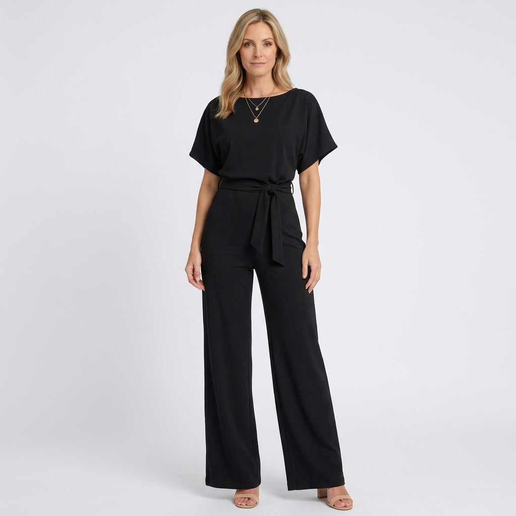 Women’s Tie Waist Wide Leg Jumpsuit – Short Sleeve Straight Neck