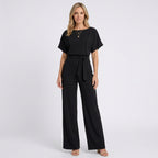 Women’s Tie Waist Wide Leg Jumpsuit – Short Sleeve Straight Neck