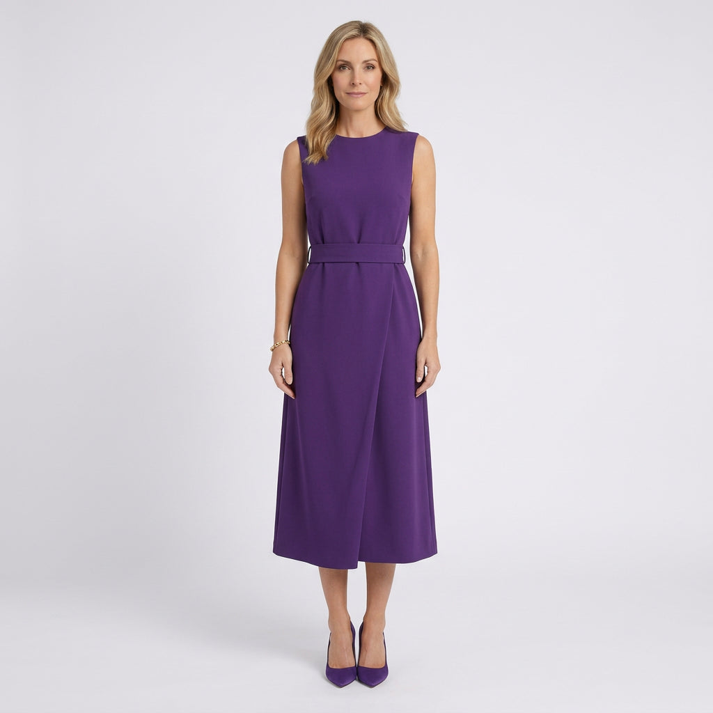 Women Midi Dress Sleeveless Draped Waist Occasion Workwear