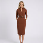 Women Midi Dress Belted Tailored Office Workwear