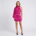 Women One Shoulder Satin Mini Dress - Asymmetric Occasion Dress