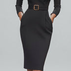 Women Midi Dress Belted Tailored Office Workwear