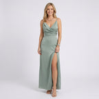 Women Cowl Neck Satin Maxi Dress - Sleeveless Occasion Dress