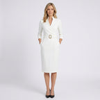 Women Belted Long Sleeve Midi Dress - Tailored Formal Office Dress