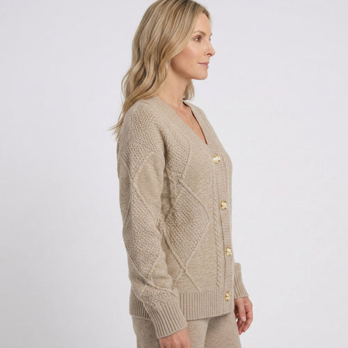 Women Cable Knit Cardigan V Neck Button Front Casual Everyday