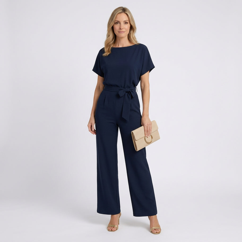 Women Wide Leg Jumpsuit Tie Waist Short Sleeve - Smart Casual One Piece