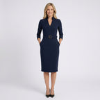 Women Belted Long Sleeve Midi Dress - Tailored Formal Office Dress