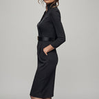 Women Belted Long Sleeve Midi Dress - Tailored Formal Office Dress