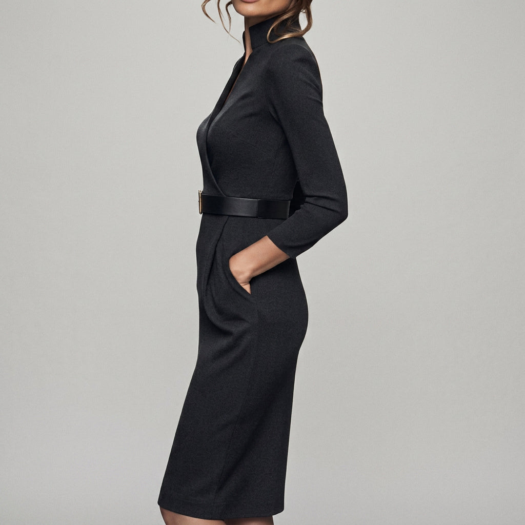 Women Midi Dress Belted Tailored Office Workwear