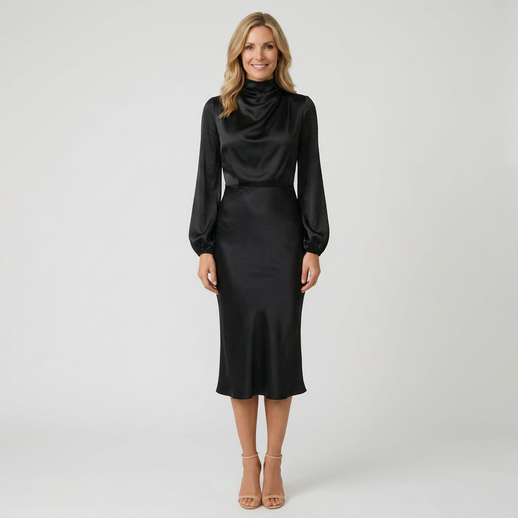 Women Satin Midi Dress Long Sleeve High Neck Formal Occasion