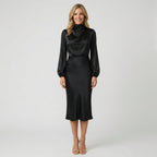 Women Satin Midi Dress Long Sleeve High Neck Formal Occasion
