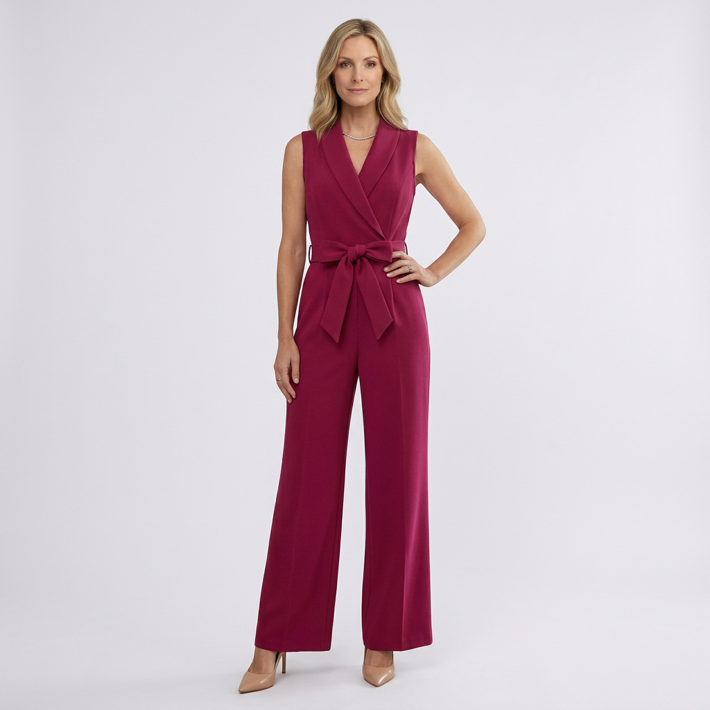 Women Sleeveless Jumpsuit V Neck Tie Waist Occasion