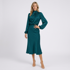 Women Satin Midi Dress Long Sleeve High Neck Formal Occasion