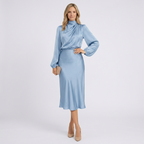 Women Satin Midi Dress Long Sleeve High Neck Formal Occasion