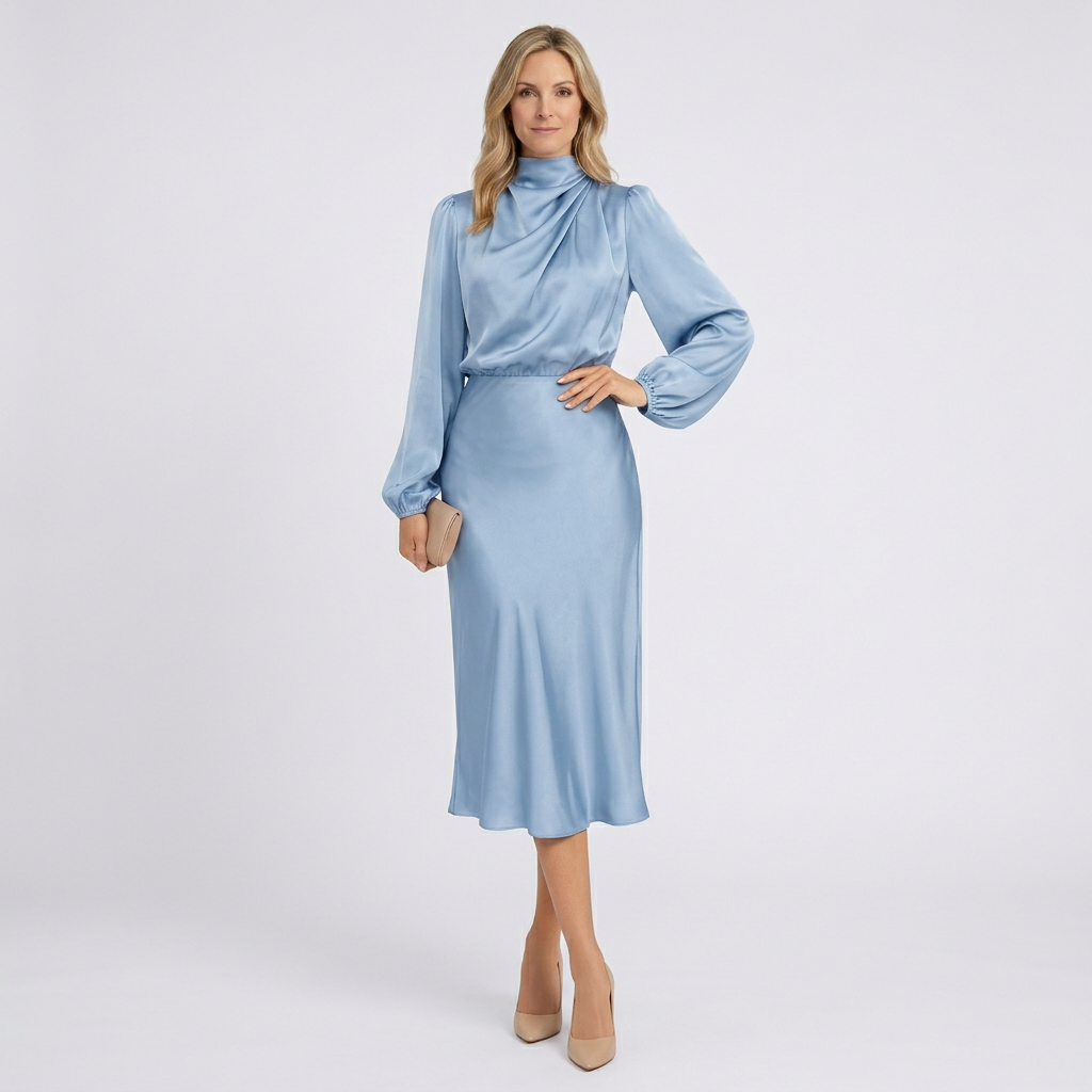 Women Satin Midi Dress Long Sleeve High Neck Formal Occasion