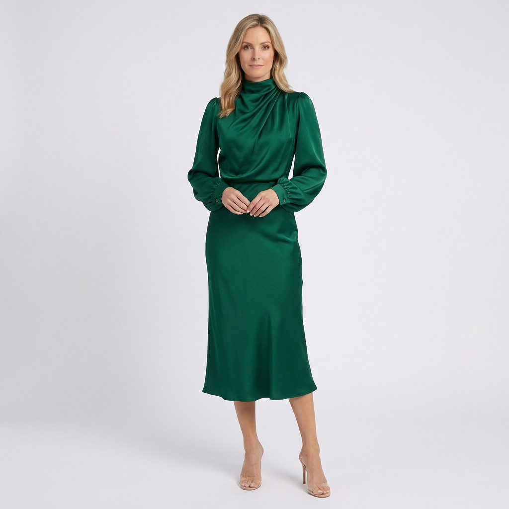Women Satin Midi Dress Long Sleeve High Neck Formal Occasion