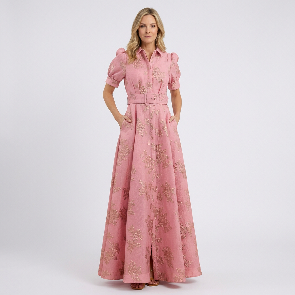 Women Maxi Shirt Dress Belted Puff Sleeve Formal Occasion