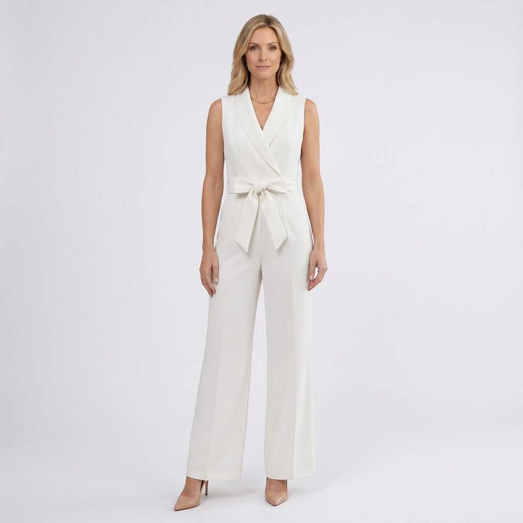 Women Sleeveless Jumpsuit V Neck Tie Waist Occasion