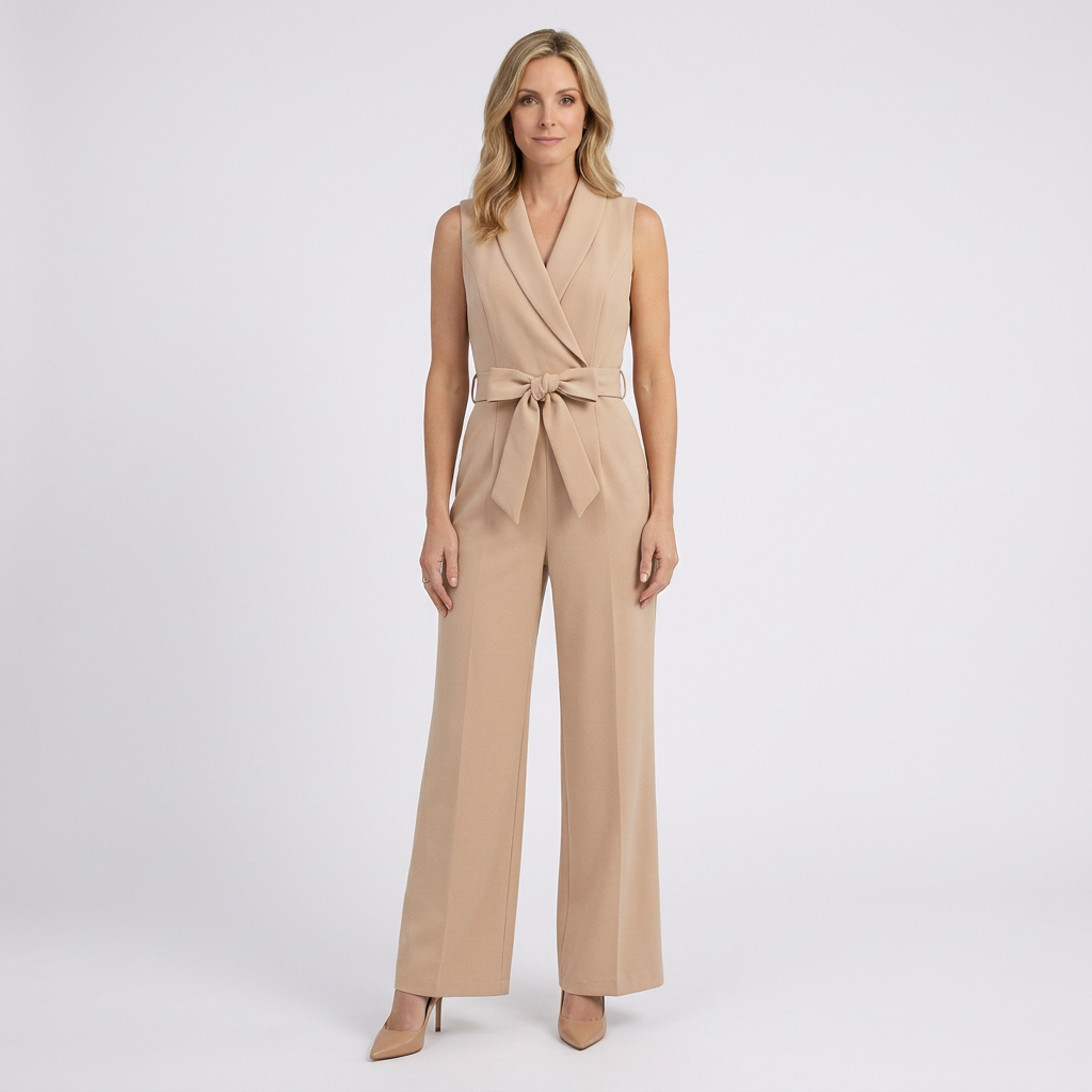 Women Sleeveless Jumpsuit V Neck Tie Waist Occasion