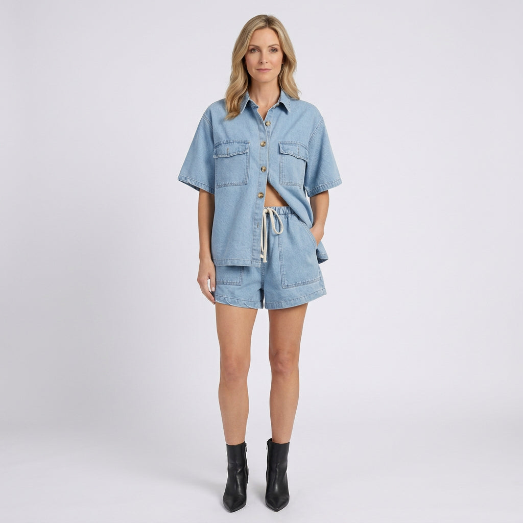 Women Denim Shirt and Shorts Set Casual Everyday Summer