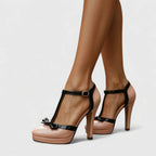 Women T Bar Heels Platform Court Shoes Occasion Party