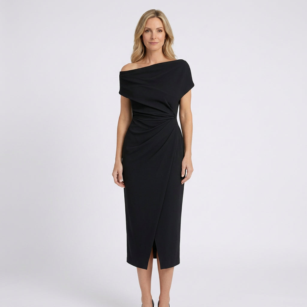 Women Off Shoulder Midi Dress Ruched Waist Formal Occasion