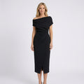 Women Off Shoulder Midi Dress Ruched Waist Formal Occasion