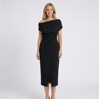 Women Off Shoulder Midi Dress Ruched Waist Formal Occasion