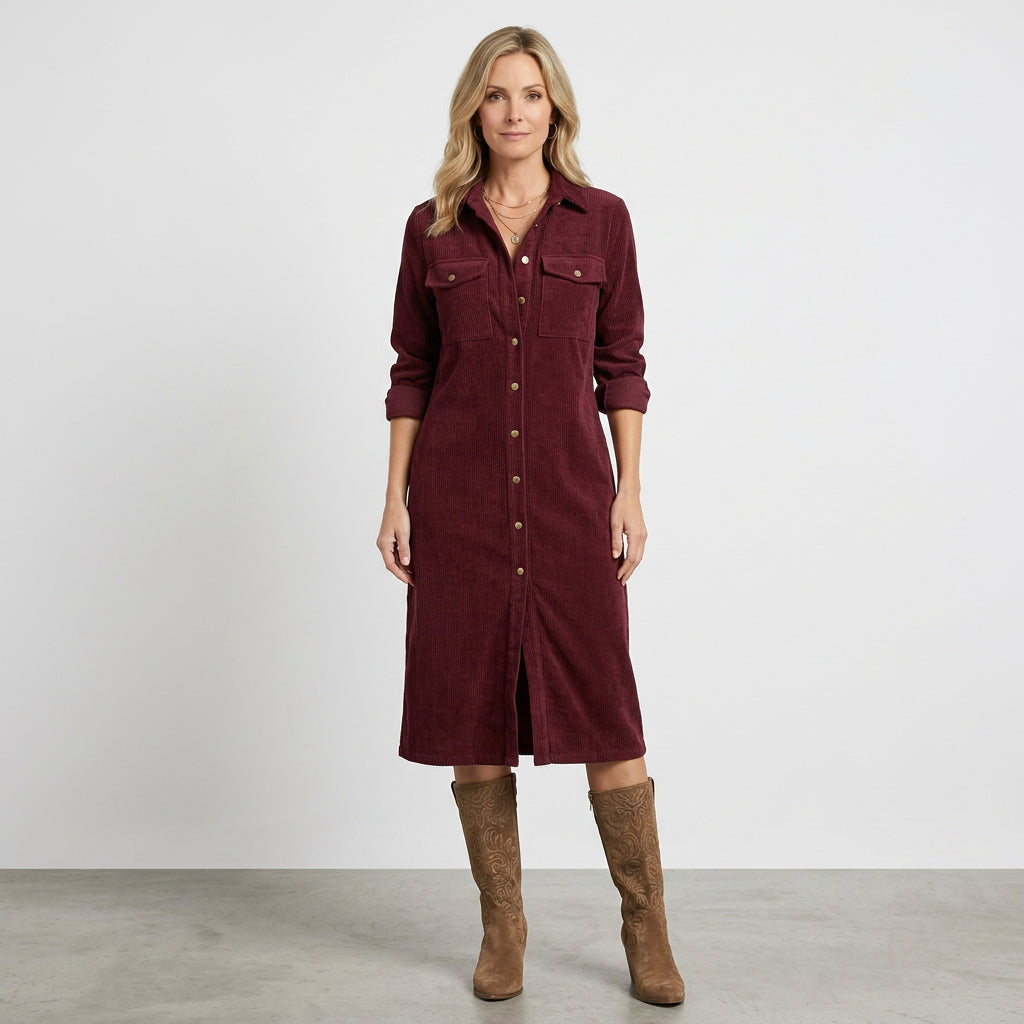 Women Cord Shirt Dress Long Sleeve Casual Everyday