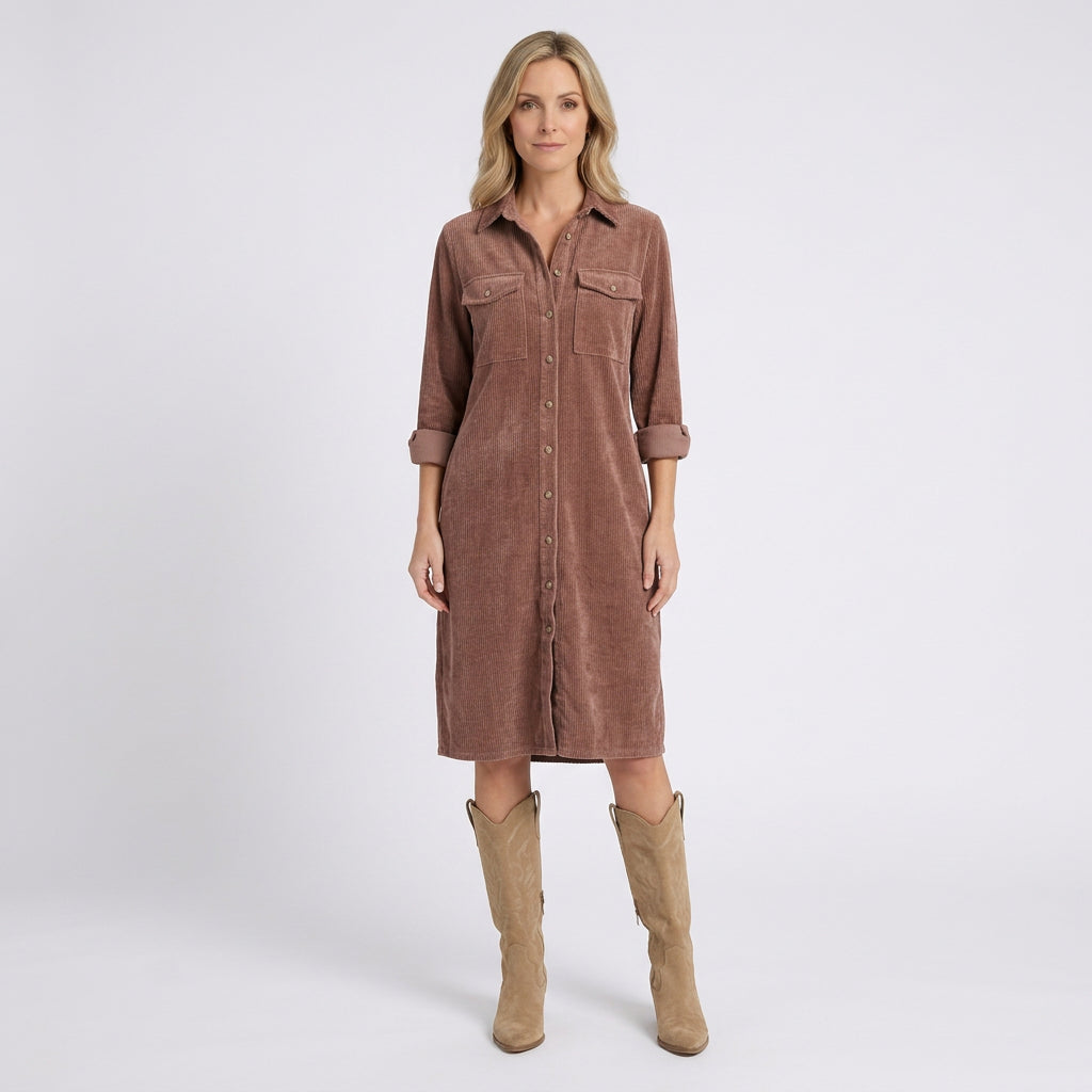 Women Cord Shirt Dress Long Sleeve Casual Everyday