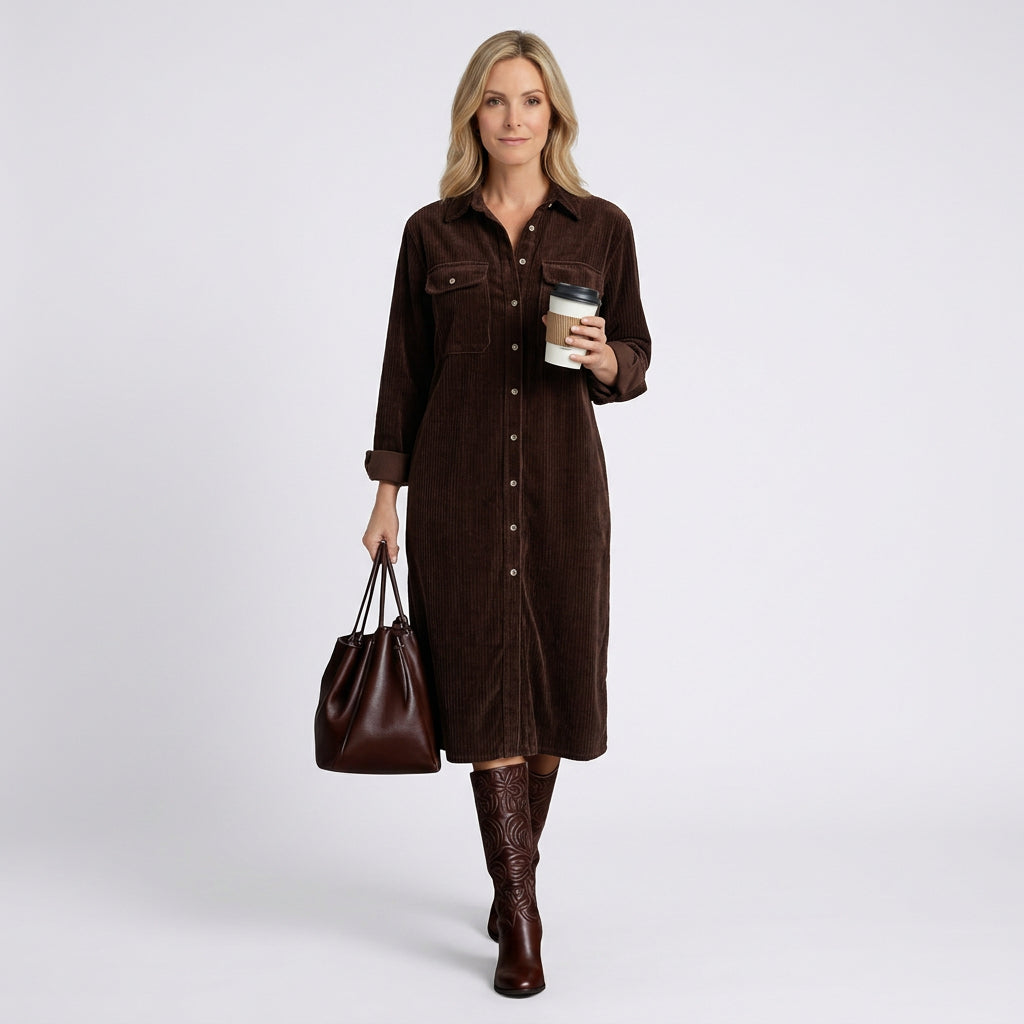 Women Cord Shirt Dress Long Sleeve Casual Everyday