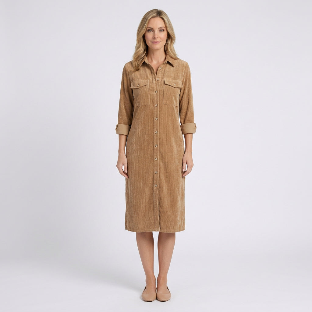 Women Cord Shirt Dress Long Sleeve Casual Everyday