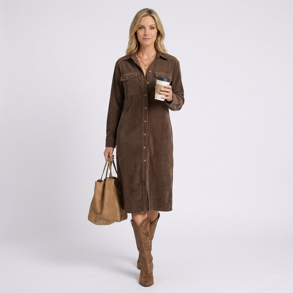 Women Cord Shirt Dress Long Sleeve Casual Everyday