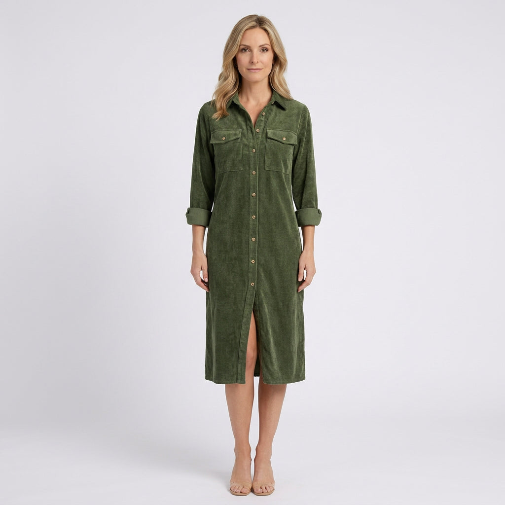 Women Cord Shirt Dress Long Sleeve Casual Everyday