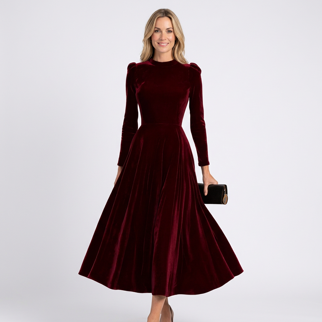 Women Velvet Midi Dress Long Sleeve Formal Occasion