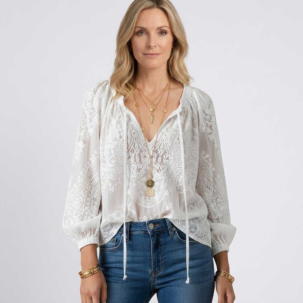 Women Sheer Lace Blouse V Neck Long Sleeve Casual Occasion