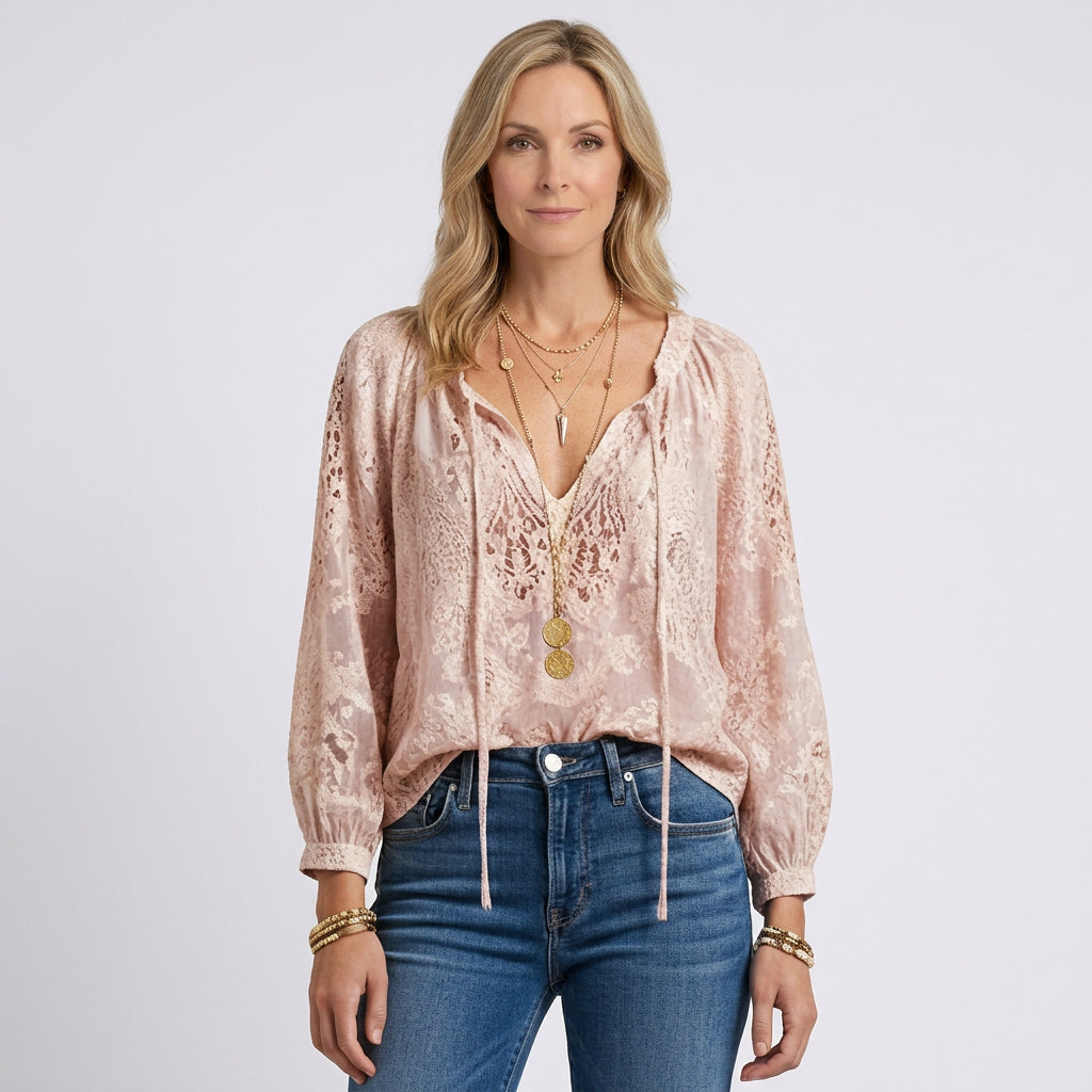 Women Sheer Lace Blouse V Neck Long Sleeve Casual Occasion