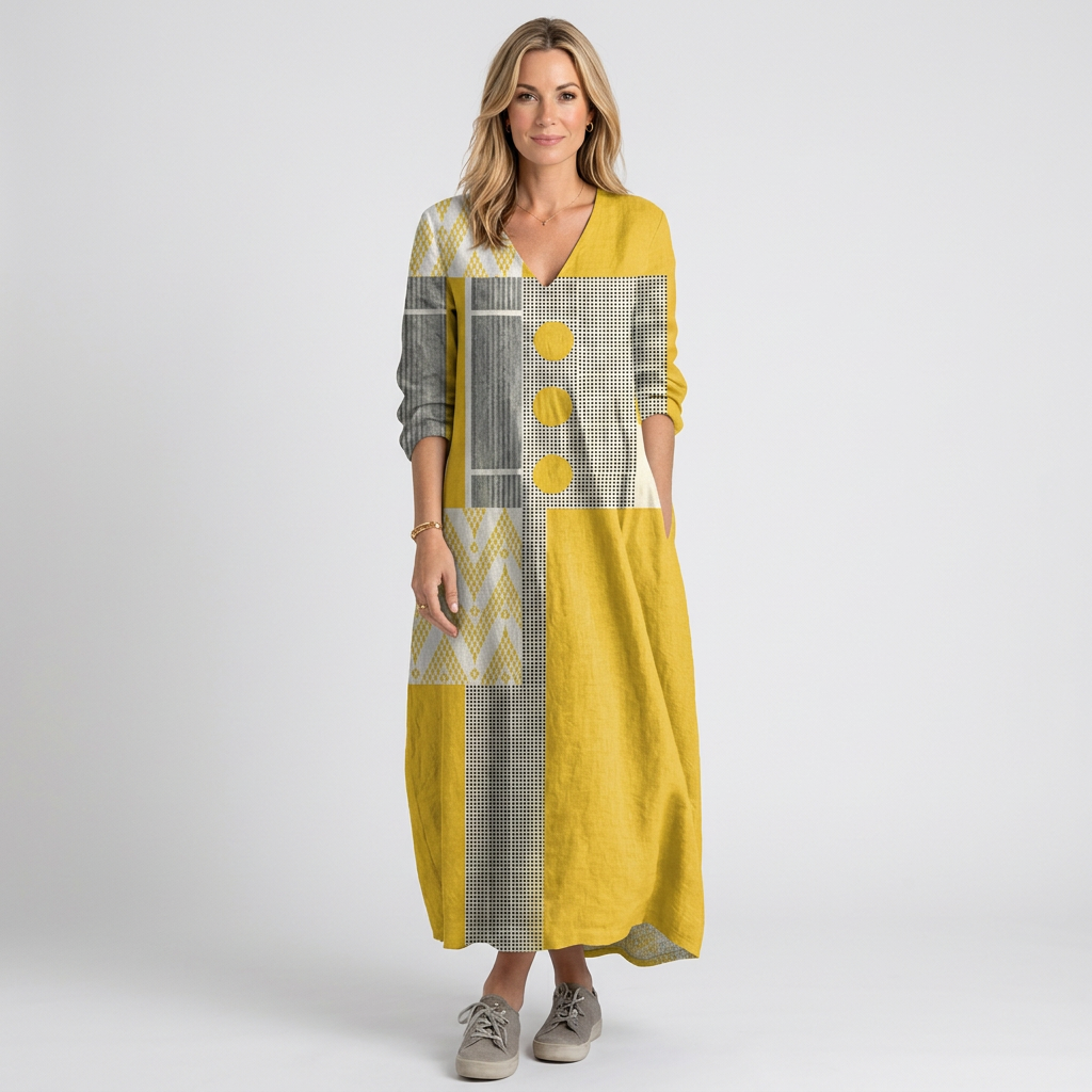Women’s Patchwork Maxi Dress V Neck Relaxed Fit