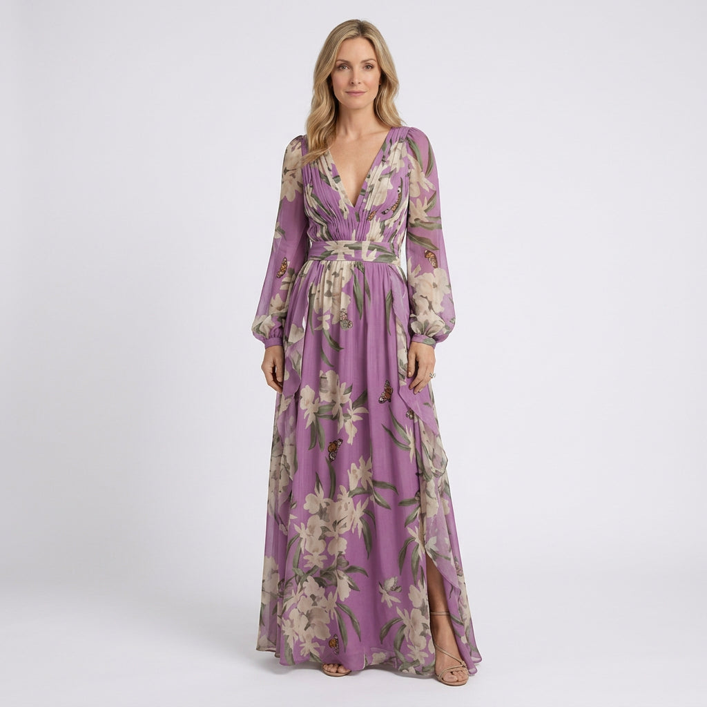 Women Floral Maxi Dress Long Sleeve V Neck Occasion