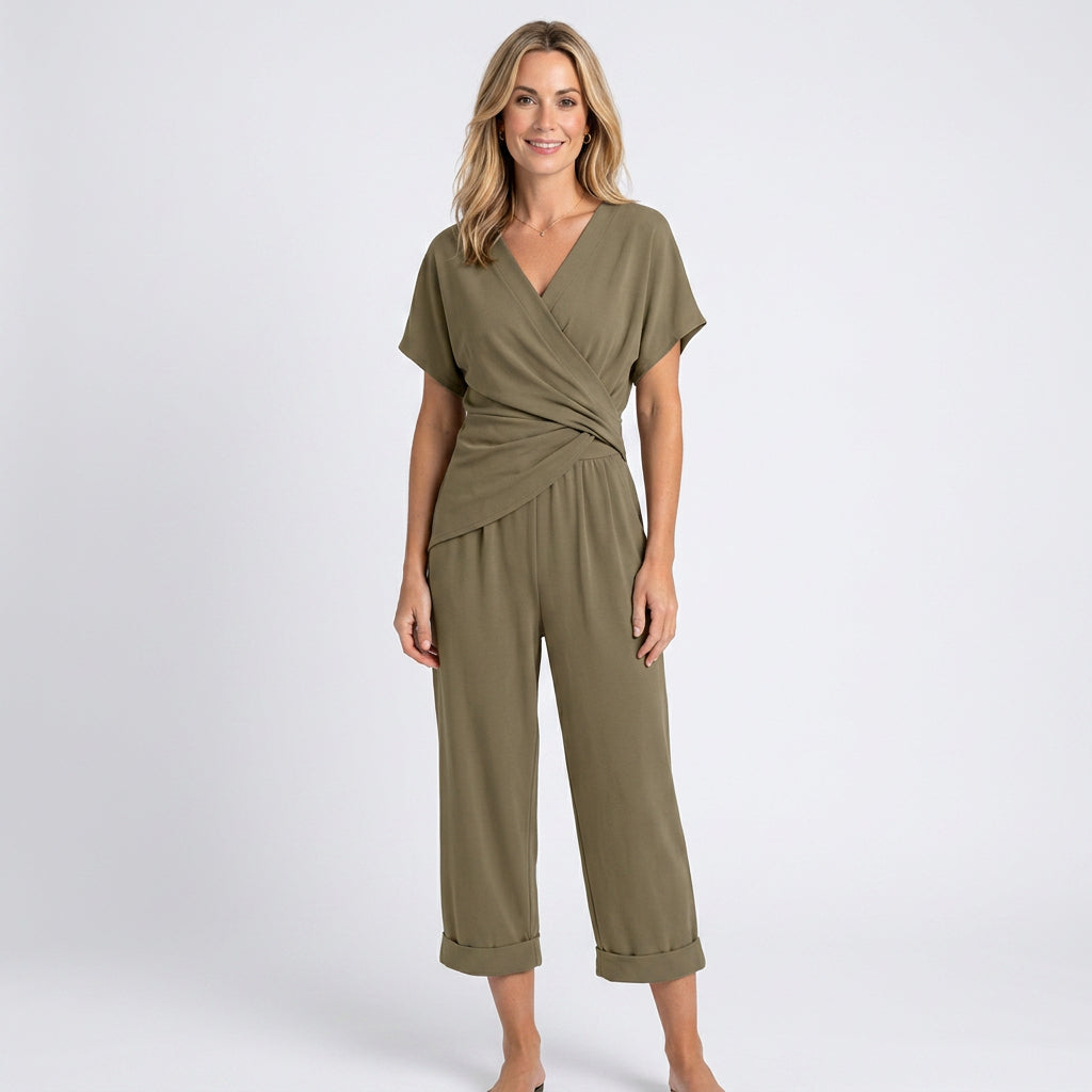 Women’s Wrap Front Jumpsuit Cropped Relaxed Fit