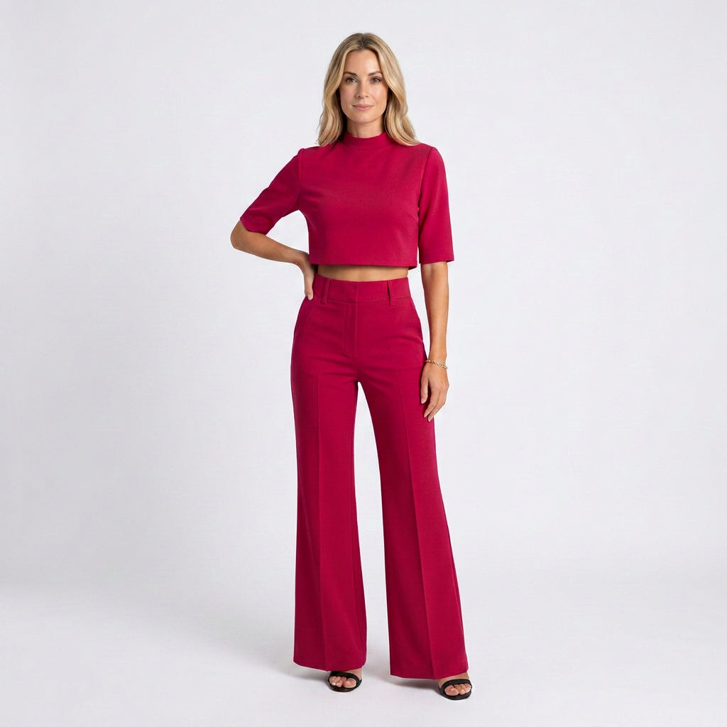 Women’s Two Piece Trouser Set High Neck Cropped Top