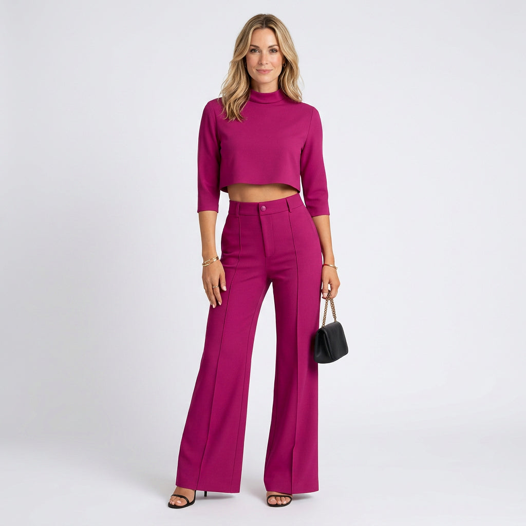 Women’s Two Piece Trouser Set High Neck Cropped Top