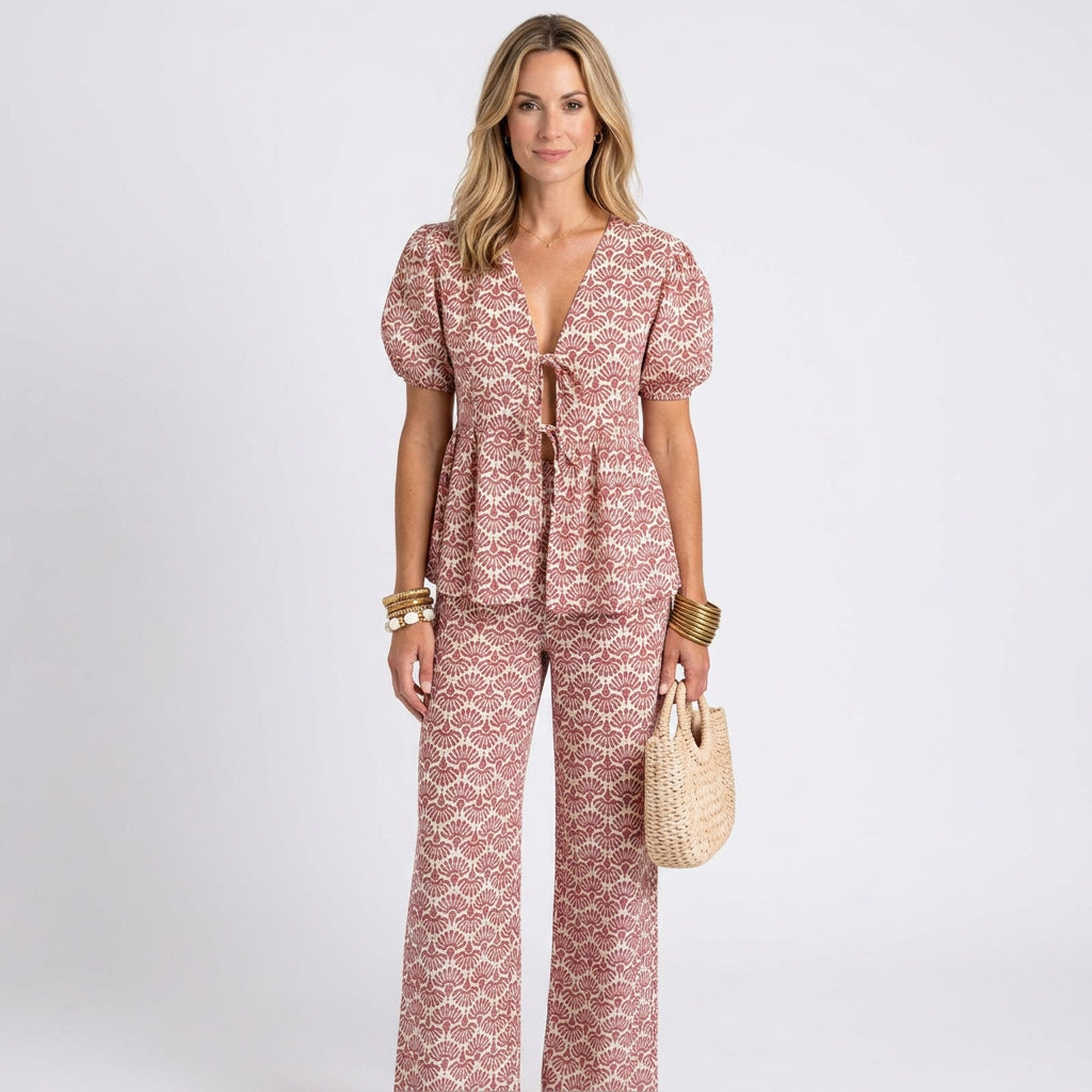 Women’s Printed Co Ord Set Puff Sleeve Top Wide Leg Trousers