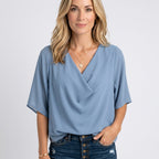 Women’s Draped V Neck Blouse Relaxed Fit Three Quarter Sleeve