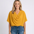 Women’s Draped V Neck Blouse Relaxed Fit Three Quarter Sleeve