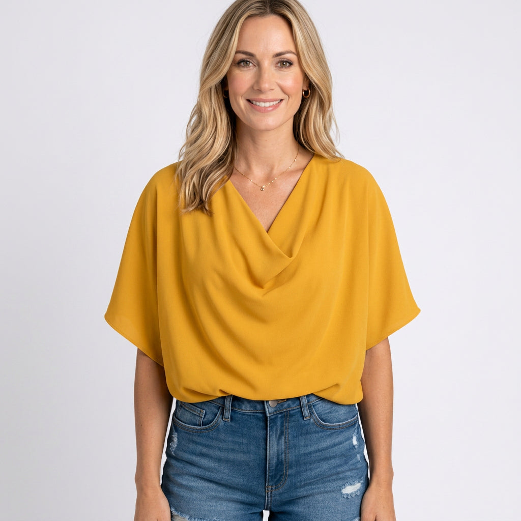 Women’s Draped V Neck Blouse Relaxed Fit Three Quarter Sleeve