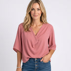 Women’s Draped V Neck Blouse Relaxed Fit Three Quarter Sleeve